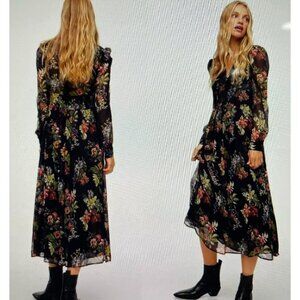 Mango Black Floral Long-Sleeve Sheer Maxi Dress Size XS
